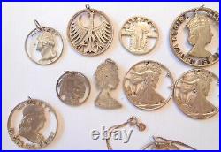 12 US & Foreign 90% Silver + 1 Buffalo Nickel Cut Out Coins into Pendants