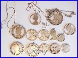 12 US & Foreign 90% Silver + 1 Buffalo Nickel Cut Out Coins into Pendants