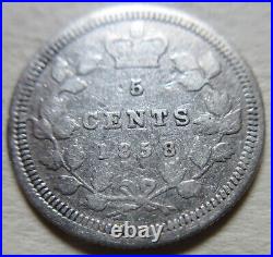 1858 Canada Silver Five Cents Coin. KEY DATE 5 Cents Nickel Victoria 5c (RJ981)