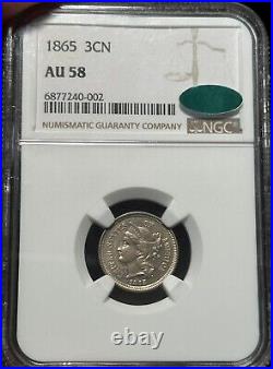 1865 3cn Nickel AU58 CAC NGC Die Clash PQ Type Set Coin Sticker