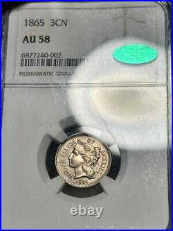 1865 3cn Nickel AU58 CAC NGC Die Clash PQ Type Set Coin Sticker