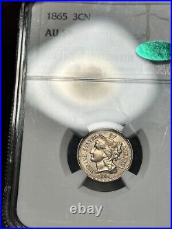 1865 3cn Nickel AU58 CAC NGC Die Clash PQ Type Set Coin Sticker