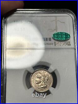 1865 3cn Nickel AU58 CAC NGC Die Clash PQ Type Set Coin Sticker