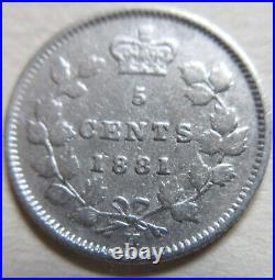 1881 Canada Silver Five Cents Coin. BETTER GRADE Silver Nickel 5 Cents (RJ857)