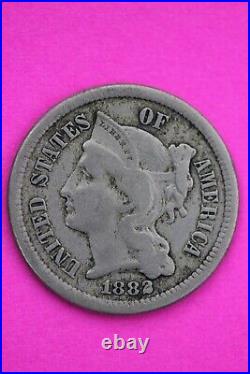 1882 Three 3 Cent Nickel Scarce Semi Key Date Type Coin Philadelphia Mint 01