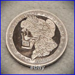 1883 Morgan Dollar Carved into Skulled Hobo Nickel Style Coin