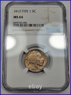 1913 5c Buffalo Nickel TYPE 1 NGC MS64 High Grade US Type Coin G12