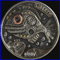 1924 Hand Engraved Hobo Coin (Biomechanical Steampunk Fishes)