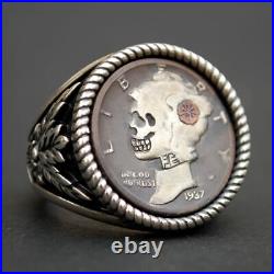 1937 Mercury Dime Hobo Nickel Style Skull Face Zombie Coin Sterling Silver Ring