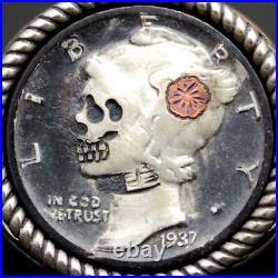 1937 Mercury Dime Hobo Nickel Style Skull Face Zombie Coin Sterling Silver Ring