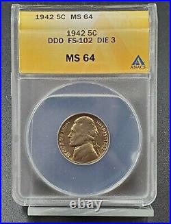 1942 P Jefferson TYPE 1 War Nickel Coin ANACS MS64 FS-102 DDO Double Die Variety