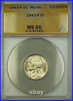 1943-P 5.5 Steps U. S. Wartime Silver Jefferson Nickel 5c Coin ANACS MS-66 (A)