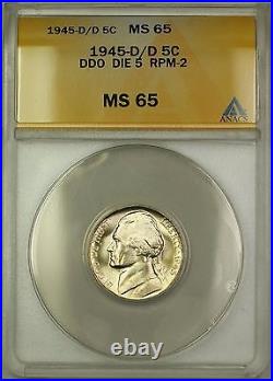1945-D/D RPM-2 DDO DIE 5 Wartime Silver Jefferson Nickel 5c Coin ANACS MS-65 (C)