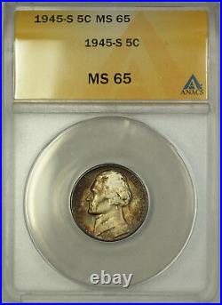 1945-S Wartime Jefferson Silver Nickel 5c Coin ANACS MS-65 Beautiful Toning