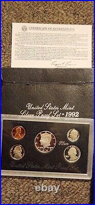 1992-1998 US Mint Silver Proof Sets 90% Silver OGP COA 7 Annual Sets (35 Coins)