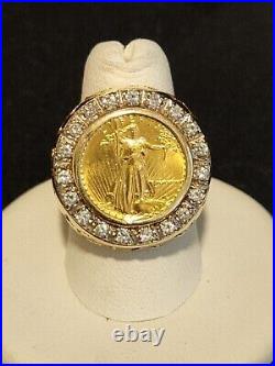 1.24Ct Lab Created Diamond Men's Liberty Coin Ring 14K Yellow Gold Plated Silver
