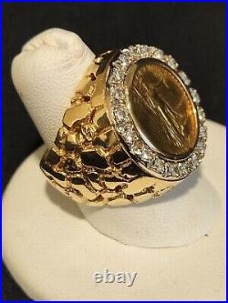 1.24Ct Lab Created Diamond Men's Liberty Coin Ring 14K Yellow Gold Plated Silver