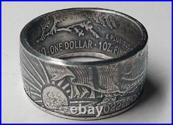 2022 US silver eagle Coin Ring Made From. 999 1 oz Silver Coin polished patina