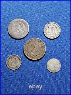 5 Coin US Odd Type Set 20 Cent, Half Dime, Three Cent Silver And Nickel, 2 Cent