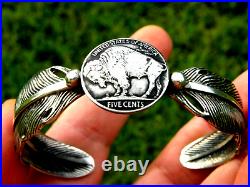 Cuff Bracelet authentic Buffalo Indian Nickel coin feather wing sterling silver