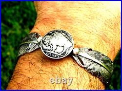 Cuff Bracelet authentic Buffalo Indian Nickel coin feather wing sterling silver