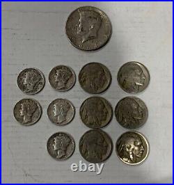 Lot Of 12 Silver Coins Collection Half A Dollar Buffalo Nickels / Dimes