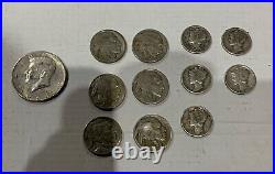 Lot Of 12 Silver Coins Collection Half A Dollar Buffalo Nickels / Dimes