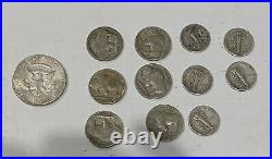 Lot Of 12 Silver Coins Collection Half A Dollar Buffalo Nickels / Dimes