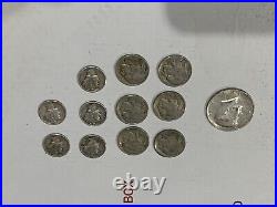 Lot Of 12 Silver Coins Collection Half A Dollar Buffalo Nickels / Dimes