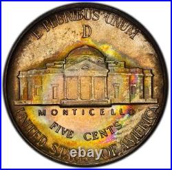 MS66 1945-D Jefferson Silver Nickel, Repunched Mint Mark- PCGS Rainbow Toned