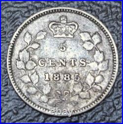 OLD CANADIAN COIN 1885 5 CENTS. 925 SILVER Victoria SMALL 5 over 5