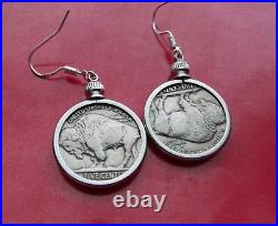 Pair of 1930's USA Buffalo Nickel Coin Earrings on Sterling Silver French Hooks
