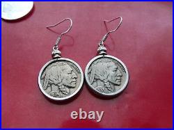 Pair of 1930's USA Buffalo Nickel Coin Earrings on Sterling Silver French Hooks