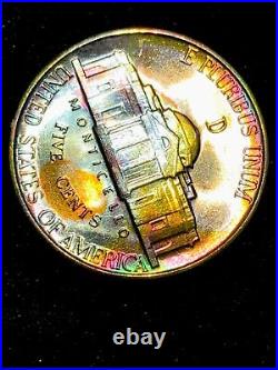 RARE! -BU-Rainbow Toned-1943-D-FS-Jefferson Silver War Nickel Coin BU-DETAIL