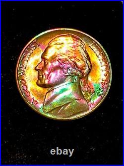 RARE! -BU-Rainbow Toned-1943-D-FS-Jefferson Silver War Nickel Coin BU-DETAIL