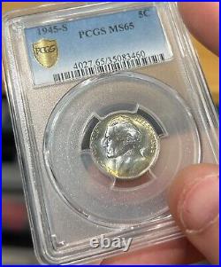 Rare Toner! 1945-s Jefferson War-time Silver Nickel. Pcgs Ms-65