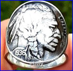 Signet ring authentic Buffalo Indian Nickel coin sterling silver 1916 to 1938