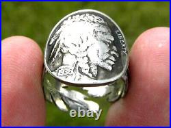 Signet ring authentic Buffalo Indian Nickel coin sterling silver feather adjusta