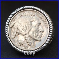 US 1935 Indian Head Buffalo Nickel 925 Sterling Silver Ring NEW Buffalo Skull