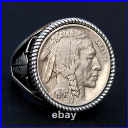 US 1936 Indian Head Buffalo Nickel 925 Sterling Silver Ring NEW Buffalo Skull