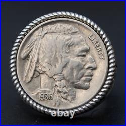 US 1936 Indian Head Buffalo Nickel 925 Sterling Silver Ring NEW Buffalo Skull