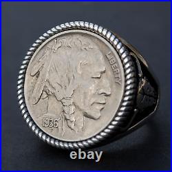 US 1936 Indian Head Buffalo Nickel 925 Sterling Silver Ring NEW Buffalo Skull