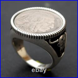 US 1936 Indian Head Buffalo Nickel 925 Sterling Silver Ring NEW Buffalo Skull