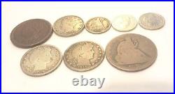 US Coin Lot- Lg Cent- V-Nickel-Seated Dime-2 Barber Dimes-2 Quarters-Seated Half