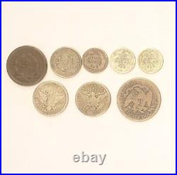 US Coin Lot- Lg Cent- V-Nickel-Seated Dime-2 Barber Dimes-2 Quarters-Seated Half