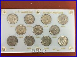 U. S. Wartime Silver Nickels 1942-1943 11 Coins In Capital Holder