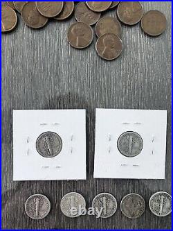 Us Silver Coin Lot Mercury Dimes, Wheat Pennies, Buffalo Nickel, Steel Cent