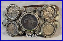 Vintage Belt Buckle Morgan Silver Dollar 4 Halves Nickels Western Coins